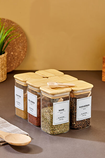 MODA OZY 6-Piece 250ml Square Bamboo Vacuum Lid Borosilicate Spice Set with S...