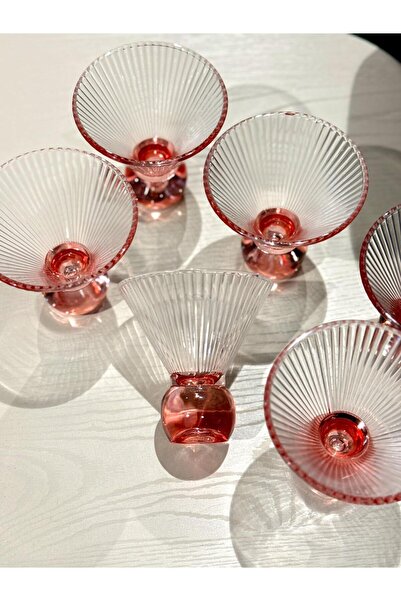 ROY KING Royking Ayaklı Dondurmalık Dik Çizgi Pembe Kase Kokteyl Bardak YV-354