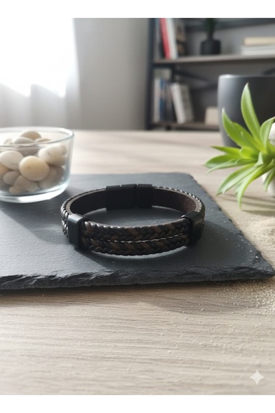 Liacharm Örgü Model Kahverengi Erkek Deri Bileklik