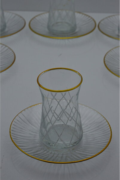 CAM 12 PARÇA ÇAY SETİ GOLD DETAYLI ÇİZGİ DESENLİ