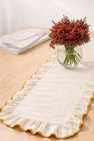 MUEV 100% Cotton Gold Series Dowry Ruffle Runner American Service Luxury Overlock Stitched Natural