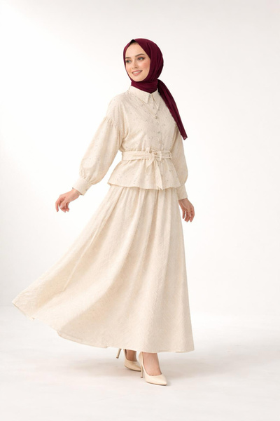 PİNK FLY Premium Stone Embroidered Jacquard Cutout Chiffon Skirt Suit