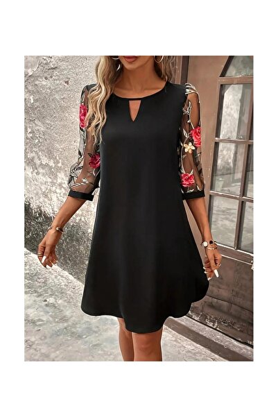 isiltikidsmoda Black Flower Embroidered Tulle Sleeved Mini Dress