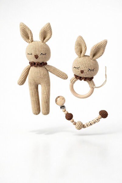 SineklikStoree Amigurumi El Yapımı Tavşan Oyuncak Seti – Ahşap Diş Kaşıyıcı v...