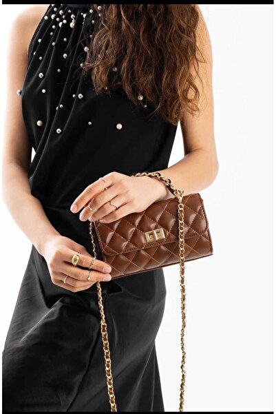 ÖZÜM TAKI Women's Diamond Pattern Chain Strap Hand and Shoulder Bag Brown