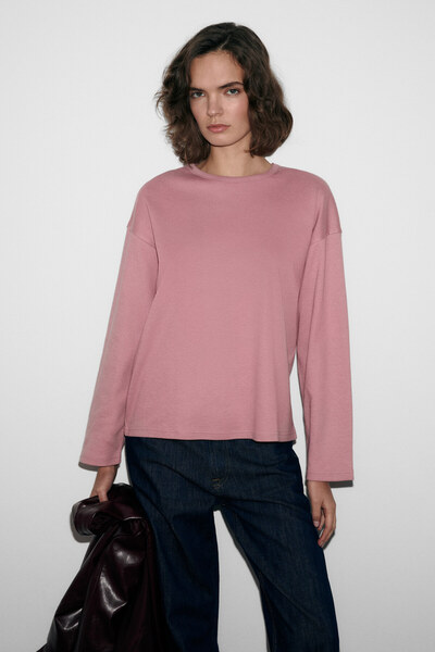 GRIMELANGE Neat Women's Organic Cotton Crew Neck Oversized Fit Long Sleeve Pi...