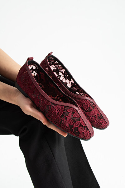dabab shoes Floria Dantel Women's Burgundy Flat Ballet Lace Woven Floral Patt...