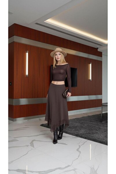 CKM MODA Liora lace trimmed asymmetrical midi skirt - coffee