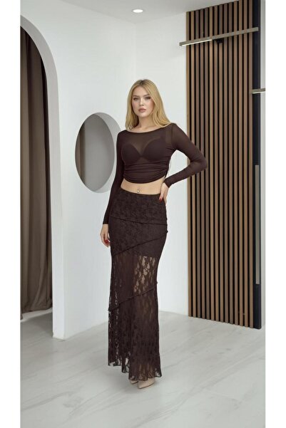CKM MODA Vesper Transparent Lace Skirt Brown