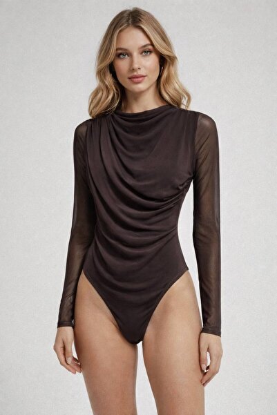 alenmoda Slim Fit Slim Fit Tulle Long Sleeve Snap Fastener Bodysuit