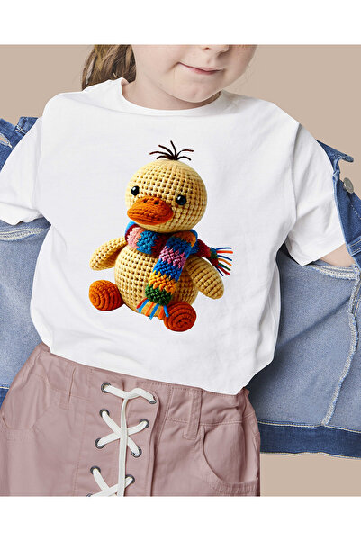 F17 Ajans Тениска за момичета с плетен с принт на патица, 100% памук, с кръгл...