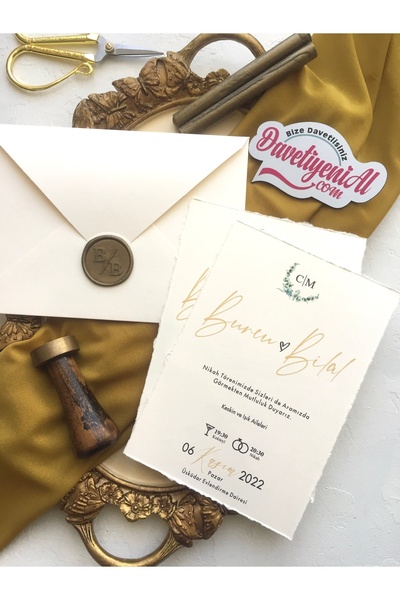 DavetiyeniAl Krem Renkli Kenarı Yırtıklı El Emeği Üretimli, Mühürlü Düğün Dav...