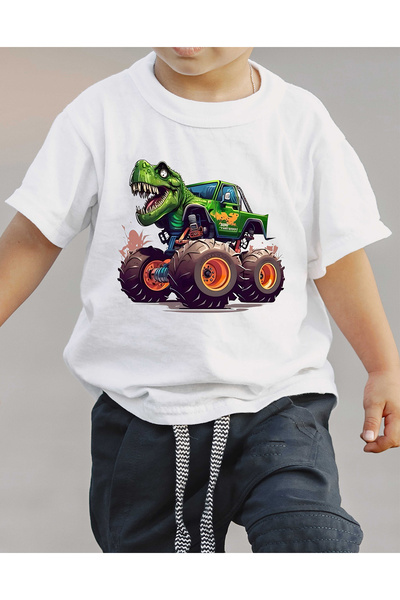 F17 Ajans Dinazorlu Araba Baskılı %100 Pamuk Kısa Kollu Erkek Çocuk Tişörtü