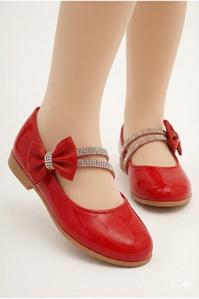 KATEYLER Червени момичешки обувки с двойна камък и панделка