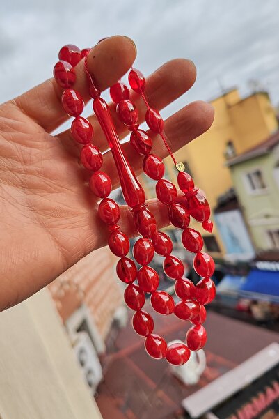 Vip Kehribar 10X13 mm Red Crimped Amber Prayer Beads - Signed by Master Fatih...