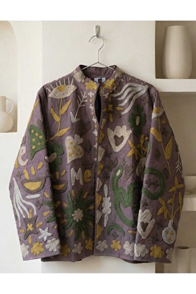 Yoncha Kadın Ceket Nakış Detaylı Dokuma %100 Pamuklu