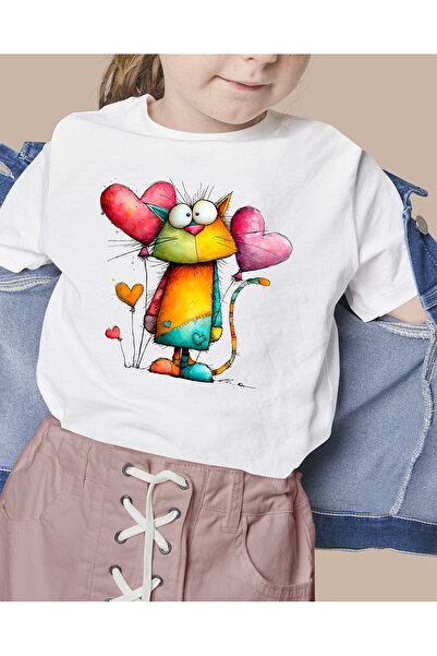 F17 Ajans Šareno, slatko srce mačka Štampano 100% pamuk majica za devojčice s...