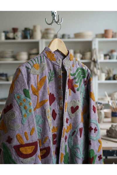 Yoncha Kadın Ceket Nakış Detaylı Dokuma %100 Pamuklu