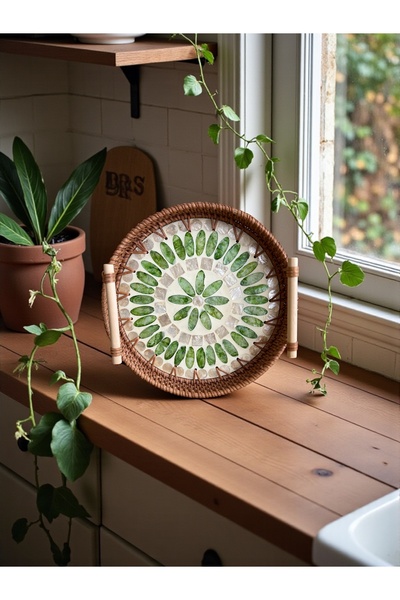 Bohodella Mozaikli Rattan Tepsi Hasır Sunumluk