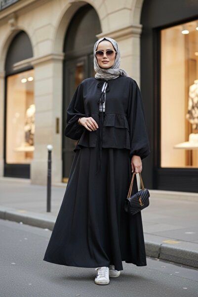 Aselim Hijap Moda Modal Woven Fabric Ruffled Lace Skirt Double Suit Black