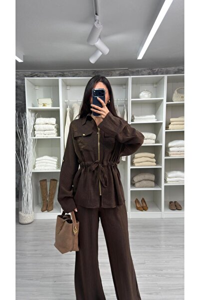 LUUNA STORE طقم سيارا بريميوم بسحاب - بني