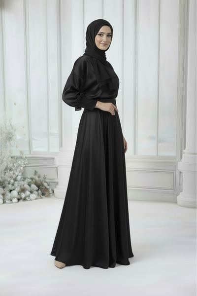 MadyaButik Women's Black Pocketed Padded Hijab Skirt