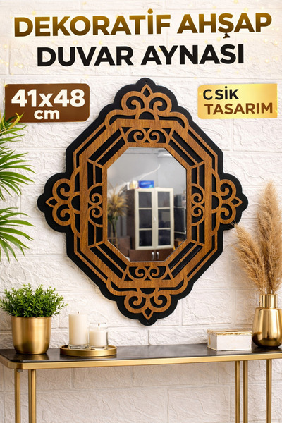 Dekoratif Ahşap Duvar Aynası 41x48 cm Modern Salon Aynası