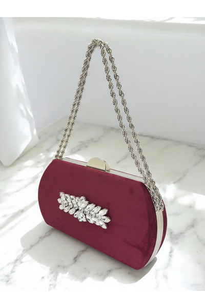 Biçanta Burgundy Luxury Suede Crystal Stone Metal Handle Chain Women's Evenin...