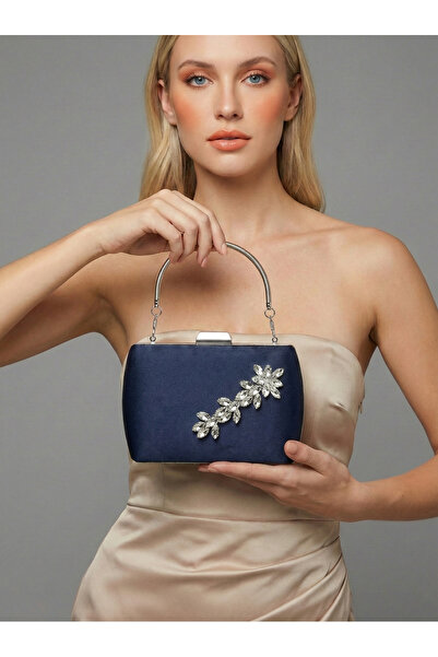 Biçanta Navy Blue Luxury Suede Crystal Stone Metal Handle Chain Women's Eveni...