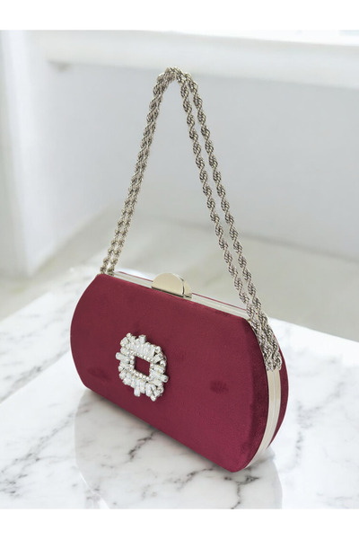 Biçanta Burgundy Luxury Suede Crystal Stone Metal Handle Chain Women's Evenin...