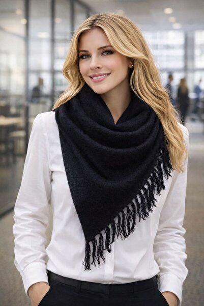 HAZAL KAYA ATELIER Black Tasseled Viscose Fabric Triangle Women's Shawl 80X18...