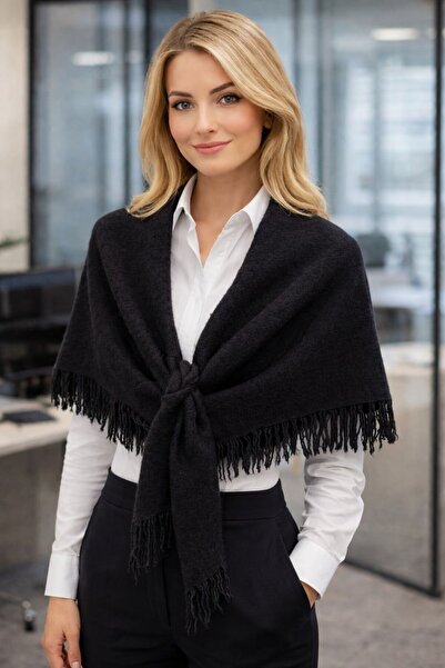 HAZAL KAYA ATELIER Black Tasseled Triangular Knitted Shoulder Shawl for Women