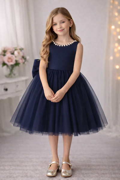 SUNEH Menekşe Model Yaka İncili Kız Çocuk Elbise Saten Üst, Kabarık Hayal Tül...