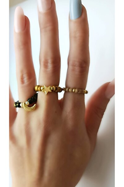 chibi Set of 3 Moon Star Detailed Black & Gold Colored Flexible Rings - Desig...