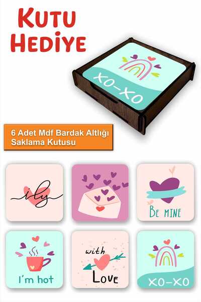 UNT مجموعة من 6 قواعد أكواب من MDF مع صندوق تخزين - تصميم زخرفي بطابع عيد الحب