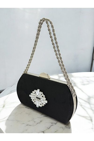 Biçanta Black Luxury Suede Crystal Stone Metal Handle Chain Women's Evening D...