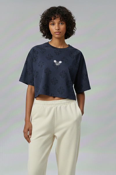 Softandbasic Women's Embroidered 100% Organic Cotton Crew Neck Short Crop T-S...