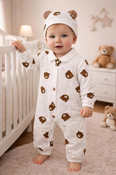 My Babies Label Erkek Bebek Müslin Kumaş 2 Parça Bereli Tulum