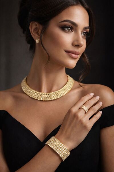 MİHRES Kristal model Zirkon Taşlı Gold Set Kolye Bileklik Yüzük Abiye Nişan D...