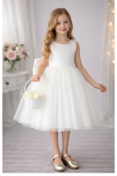 SUNEH Menekşe Model Yaka İncili Kız Çocuk Elbise Saten Üst, Kabarık Hayal Tül...