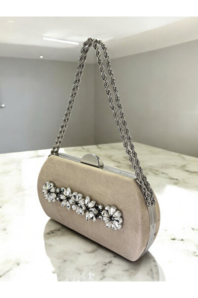 Biçanta Beige Luxury Suede Crystal Stone Metal Handle Chain Women's Evening D...