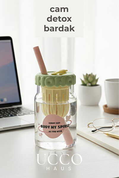 TOKGÖZ TİCARET 550ml Spirit Desenli Pipetli Cam Detox Matara Bardak - Süt, Su...