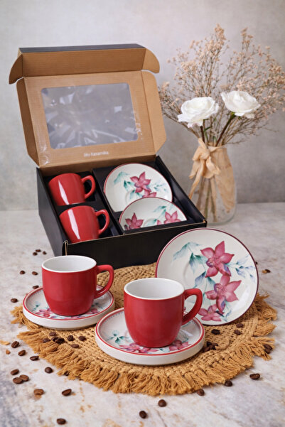 abenim Gül ve çiçek desenli model İki kişilik kahve fincan takımı Kırmızı 4 P...