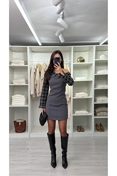 LUUNA STORE Monochic Plaid Detailed Design Dress - Gray