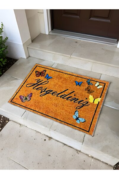 TASARIM RÜZGARI HOŞGELDİNİZ yazılı kelebek baskılı dekoratif Kapı Önü Paspası