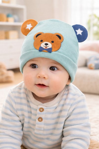 Atlas Baby House Baby Boy Bear-Eared Themed Mint Green Cotton Beanie