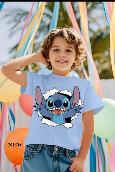 New Shine تي شيرت مطبوع عليه ستيتش للأطفال من الجنسين