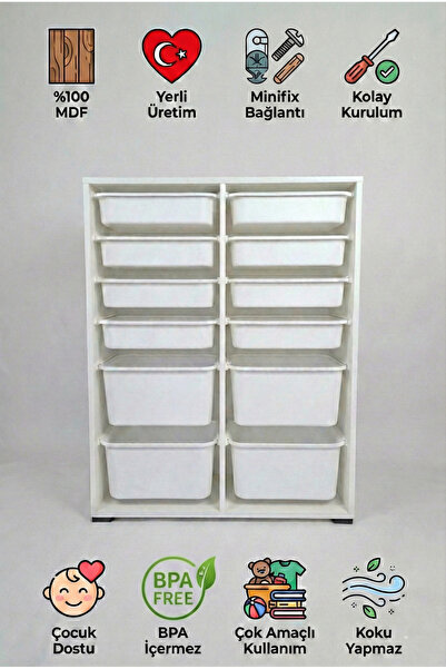 yabilmo %100 MDF Gövde Kolay Minifix Bağlantı 12 Çekmece Çok Amaçlı Oyuncak D...
