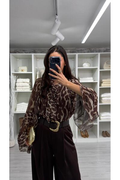 LUUNA STORE Mari̇a Leopard Printed Chiffon Blouse - Brown