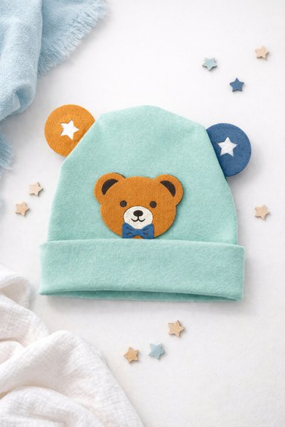 Atlas Baby House Baby Boy Bear-Eared Themed Mint Green Cotton Beanie
